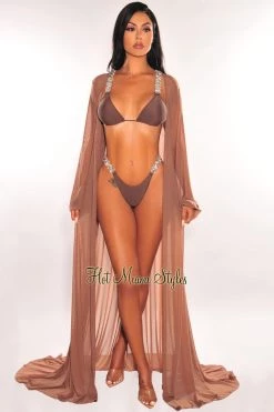 Vendor-unknown Toffee Mesh Long Sleeves Belted Maxi Cover Up