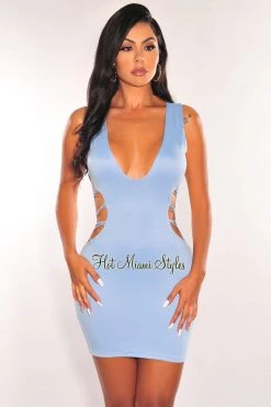 SPRING HAZE Iced Blue V Neck Sleeveless Strappy Open Back Dress