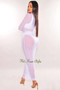 Hollywood & I White Sheer Mesh Long Sleeve Cover Up Dress
