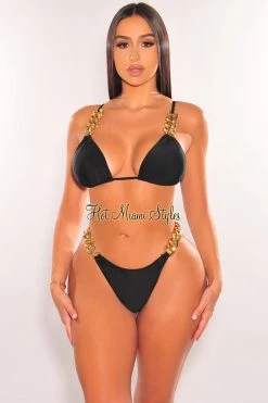 Hollywood & I Black Gold Chain Scrunch Butt Bikini