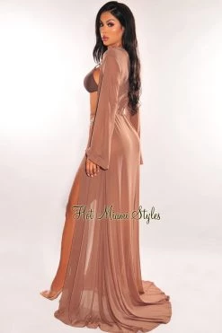 Vendor-unknown Toffee Mesh Long Sleeves Belted Maxi Cover Up