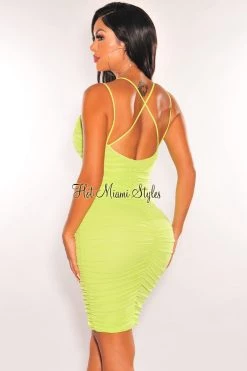 SPRING HAZE Neon Lime Mesh Spaghetti Straps Ruched Mini Dress Just In