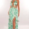 EDIT BY NINE Green Floral Print Halter O-Ring Belted Cut Out Slit Maxi Dress