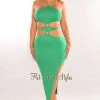MEEK Emerald Halter Cut Out O-Ring Tie Up Slit Dress