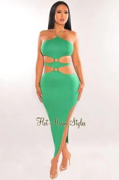 MEEK Emerald Halter Cut Out O-Ring Tie Up Slit Dress