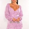 Vendor-unknown Lavender Floral Print Padded Long Sleeve Belted Romper
