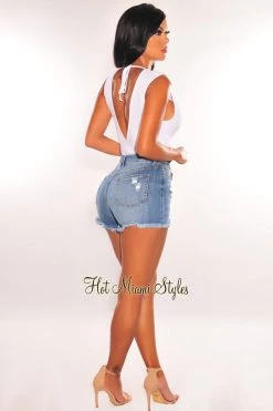 Vendor-unknown White Ribbed Sleeveless V Neck Knotted Open Back Bodysuit Just In