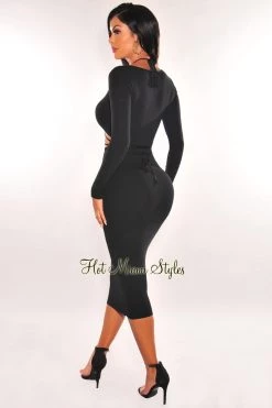 Elan International Just In Black Ribbed Knit Keyhole Cut Out Long Sleeve Midi Dress