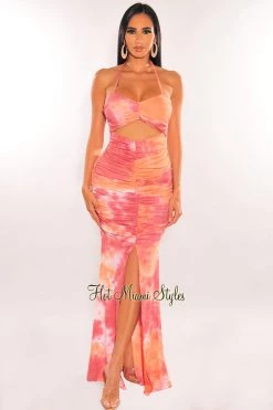 Vendor-unknown Peach Tie Dye Halter Cut Out Ruched Slit Maxi Dress Just In