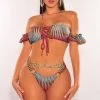 Hollywood & I Multi Color Ribbed Off Shoulder Lace Up Strappy O-Ring Bikini Just In