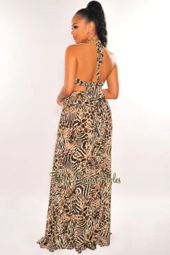 LUXXEL Animal Print Halter Cut Out Gold Chain Belted Double Slit Maxi Dress Just In