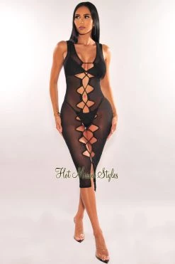K Too Black Mesh Sheer Lace Up Sleeveless Cover Up Dress Just In