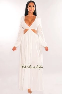 Vendor-unknown White V Neck Smocked Cut Out Long Sleeve Maxi Dress