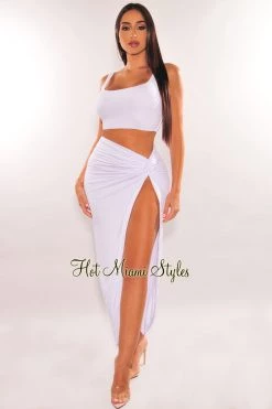 MEEK White Double Lined Tank Knotted Slit Maxi Skirt Two Piece Set Just In