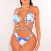 Hollywood & I Just In White Blue Print Triangle Top Wrap Around O-Ring Bikini