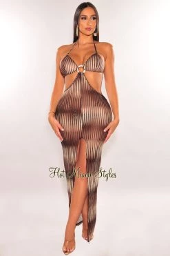 Hollywood & I Chocolate Mocha Ribbed Halter O-Ring Cut Out Cover Up Slit Dress Just In