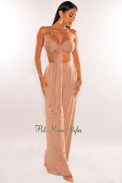 SPRING HAZE Mocha Bandeau Tie Up High Waist Palazzo Pants Two Piece Set Just In