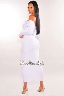 Elan International Just In White Ribbed Knit Long Sleeves Dress
