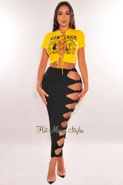LA SHOWROOM Yellow Vintage Lace Up T Shirt Just In