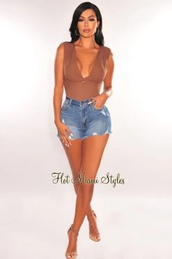 Vendor-unknown Mocha Ribbed Sleeveless V Neck Knotted Open Back Bodysuit Just In