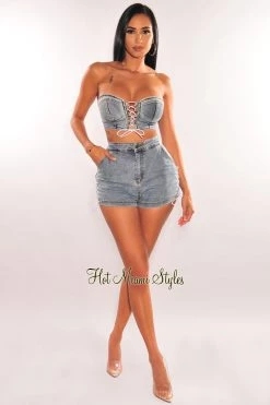 MEEK Just In Denim Padded Strapless Lace Up Shorts Two Piece Set