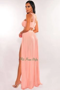 REhab Blush One Shoulder Cut Out Strappy Slit Maxi Dress Just In