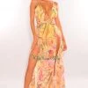 Vendor-unknown Yellow Tropical Print Knotted Double Slit Maxi Dress