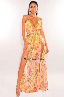 Vendor-unknown Yellow Tropical Print Knotted Double Slit Maxi Dress