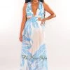 LUXXEL White Teal Palm V Neck Cut Out Maxi Dress