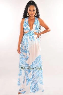 LUXXEL White Teal Palm V Neck Cut Out Maxi Dress