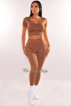 Vendor-unknown HMS Fit: Latte Short Sleeve Scoop Neck Scrunch Butt Legging Two Piece Set Just In