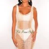 Vendor-unknown Just In White Nude Crochet Tie Up Cover Up Dress