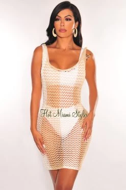 Vendor-unknown Just In White Nude Crochet Tie Up Cover Up Dress
