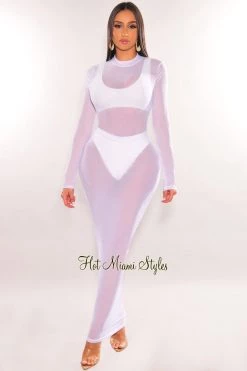 Hollywood & I White Sheer Mesh Long Sleeve Cover Up Dress
