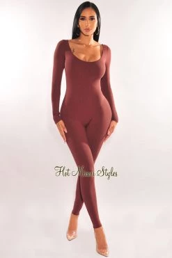 Vendor-unknown HMS Essential: Chocolate Ribbed Scoop Neck Long Sleeve Jumpsuit