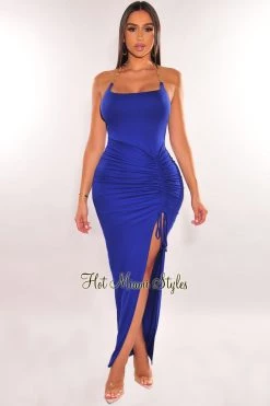 MEEK Royal Blue Gold Chain Halter Ruched Slit Maxi Dress