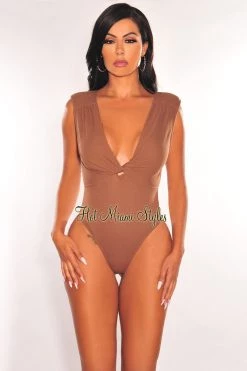 Vendor-unknown Mocha Ribbed Sleeveless V Neck Knotted Open Back Bodysuit Just In