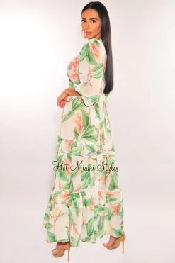 Flying Tomato Just In Ivory Palm Print Tie Up Long Sleeve Ruffle Cover Up
