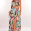 Blithe Just In Aqua Tropical Print Padded Halter O-Ring Cut Out Slit Belted Maxi Dress