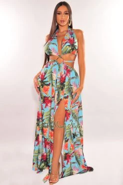 Blithe Just In Aqua Tropical Print Padded Halter O-Ring Cut Out Slit Belted Maxi Dress