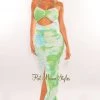 Vendor-unknown Just In Green Tie Dye Halter Cut Out Ruched Slit Maxi Dress