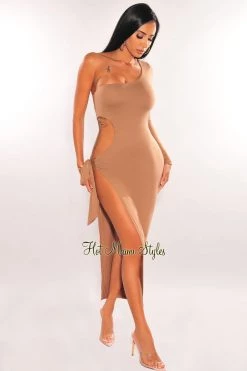 Vendor-unknown Mocha One Sleeve Cut Out Tie Up Slit Dress