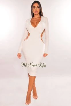 MEEK White V Neck Long Sleeve Strappy Open Back Dress Just In