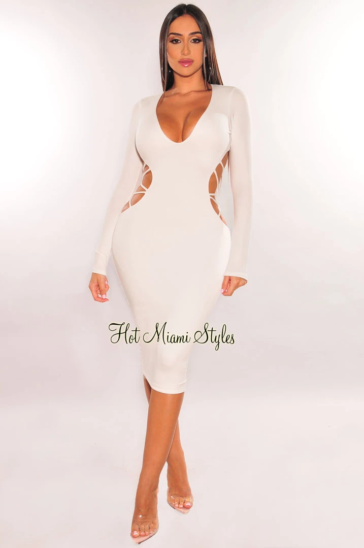MEEK White V Neck Long Sleeve Strappy Open Back Dress Just In