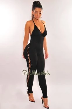 Pretty Knit Just In Black Ribbed Knit Criss Cross Back Lace Up Side Jumpsuit