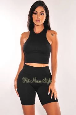 HYFVE Black Seamless Ribbed Biker Shorts Two Piece Set Just In