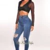 Vendor-unknown Just In Dark Blue Denim Distressed Knee High Waist Skinny Jeans