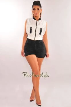 KAYLECOLLECTION White Black Cargo Buckle Side Slit Zipper Crop Top