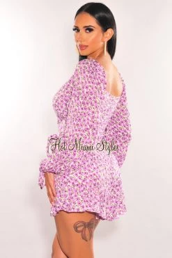 Vendor-unknown Lavender Floral Print Padded Long Sleeve Belted Romper