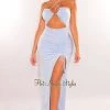 HER SHE Iced Blue Halter Cut Out Ruched Slit Maxi Dress